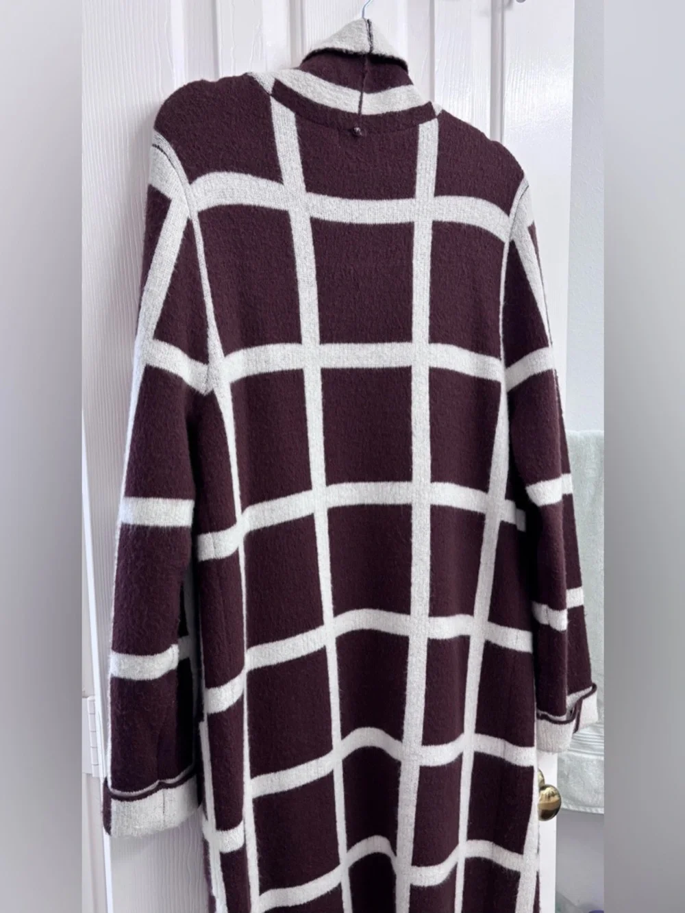 Lost + Wander Grid Plaid Open-Front Long Cardigan in Brown and Cream - SIZE M/L - Picture 14 of 14